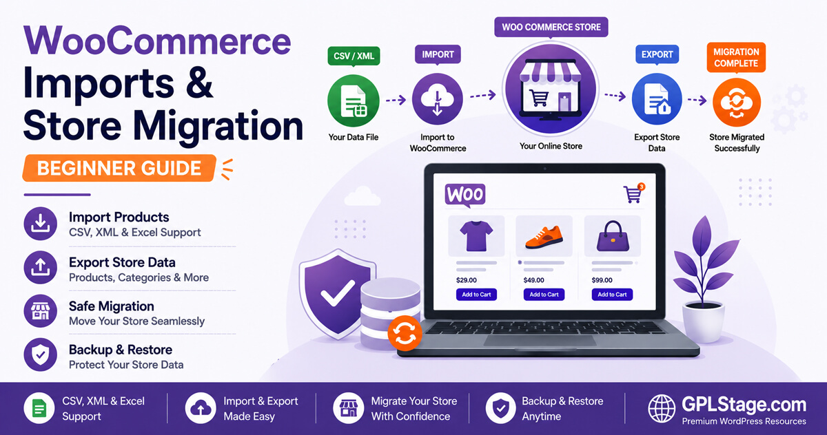 Beginner's guide to WooCommerce product imports and store migration showing CSV and XML import workflows, product exports, backups, and safe WooCommerce migration processes.