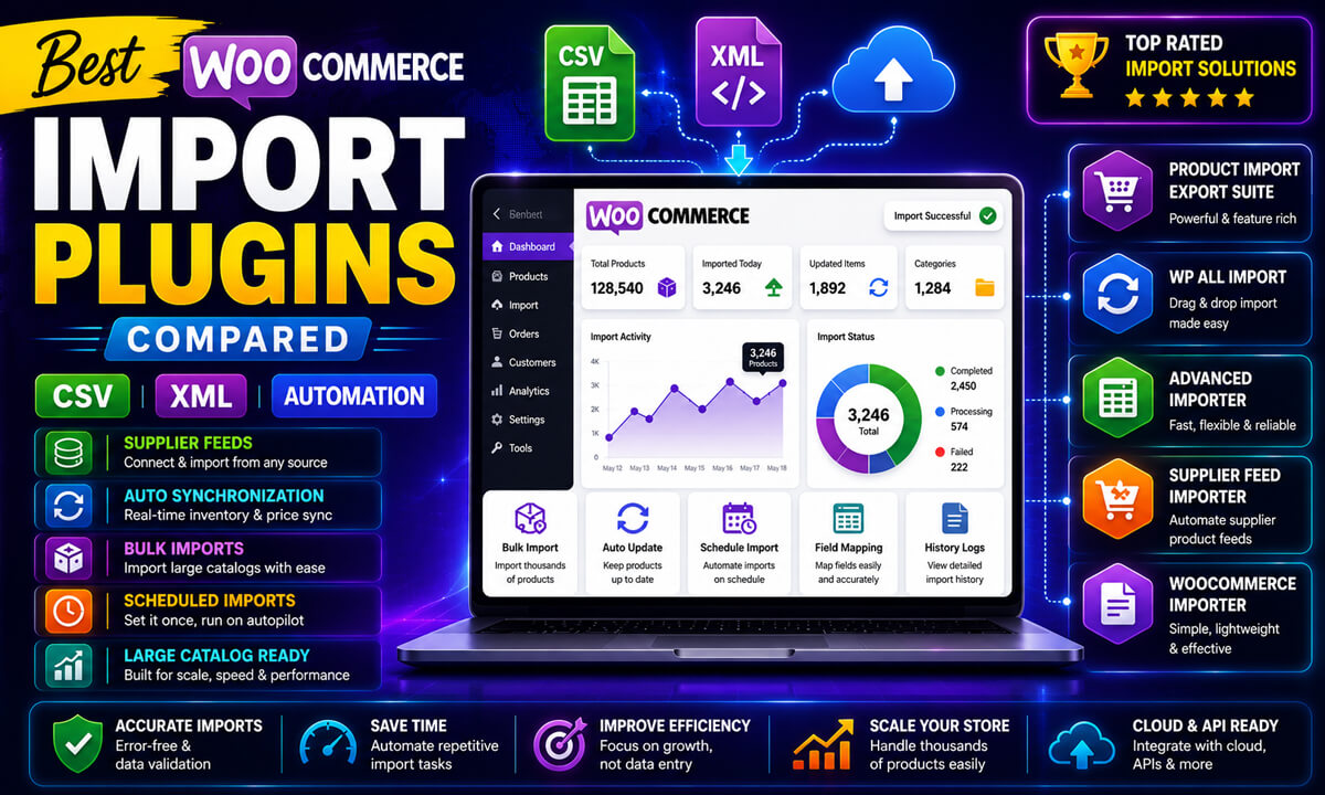 Best WooCommerce import plugins comparison featured image showing CSV/XML imports, automation workflows, product synchronization, and WooCommerce import dashboards.