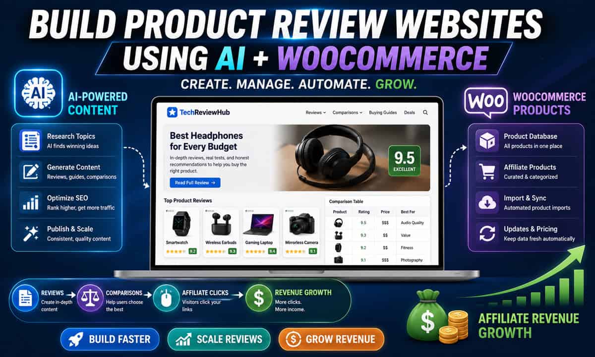 Featured image showing AI-powered content creation, WooCommerce product management, product reviews, comparison tables, affiliate clicks, and revenue growth for building a product review website.