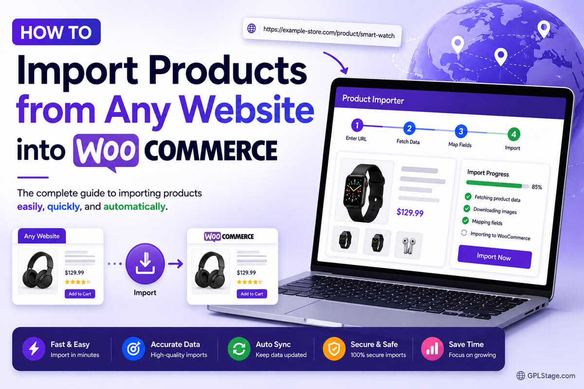 WooCommerce featured image showing how to import products from any website using automated product import tools workflows and synchronization methods.