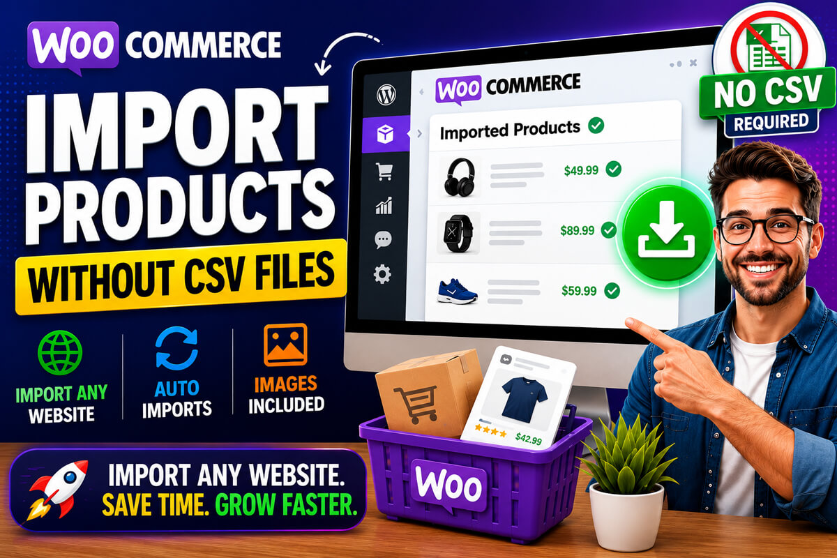 WooCommerce tutorial showing how to import products without CSV files using automated import tools product extraction XML feeds and WooCommerce automation workflows.