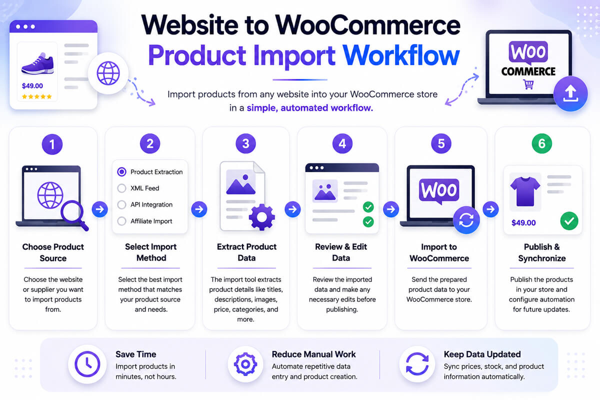 How to Import Products from Any Website into WooCommerce Modern infographic workflow showing how to import products from any website into WooCommerce using product extraction tools XML feeds APIs and automated synchronization workflows.