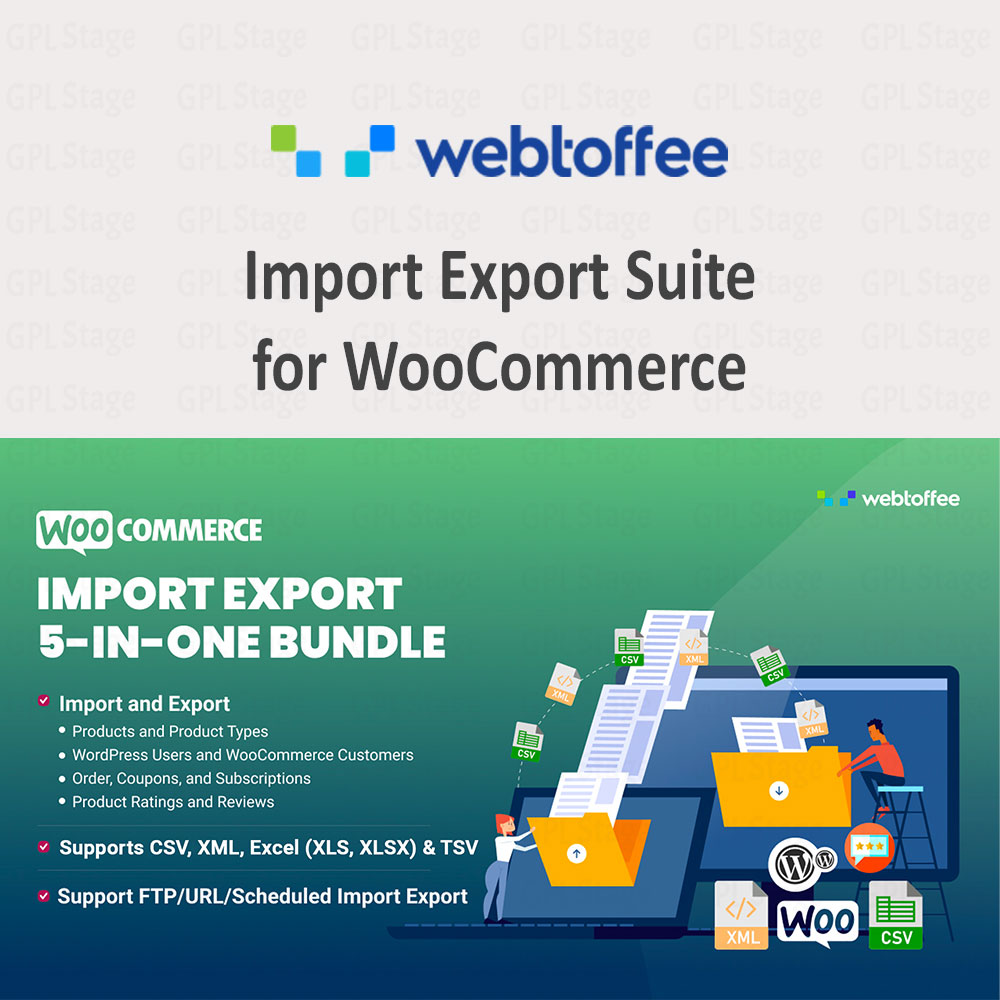 Import Export Suite for WooCommerce plugin dashboard showing bulk product imports, exports, automation, CSV XML XLSX support, and WooCommerce data management.
