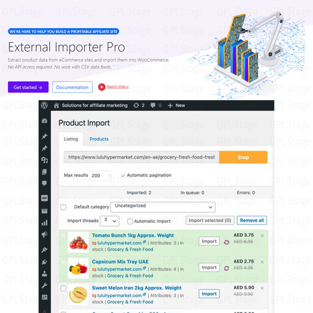 External Importer Pro plugin importing product information from external websites into WooCommerce with AI-assisted content generation and automation features.