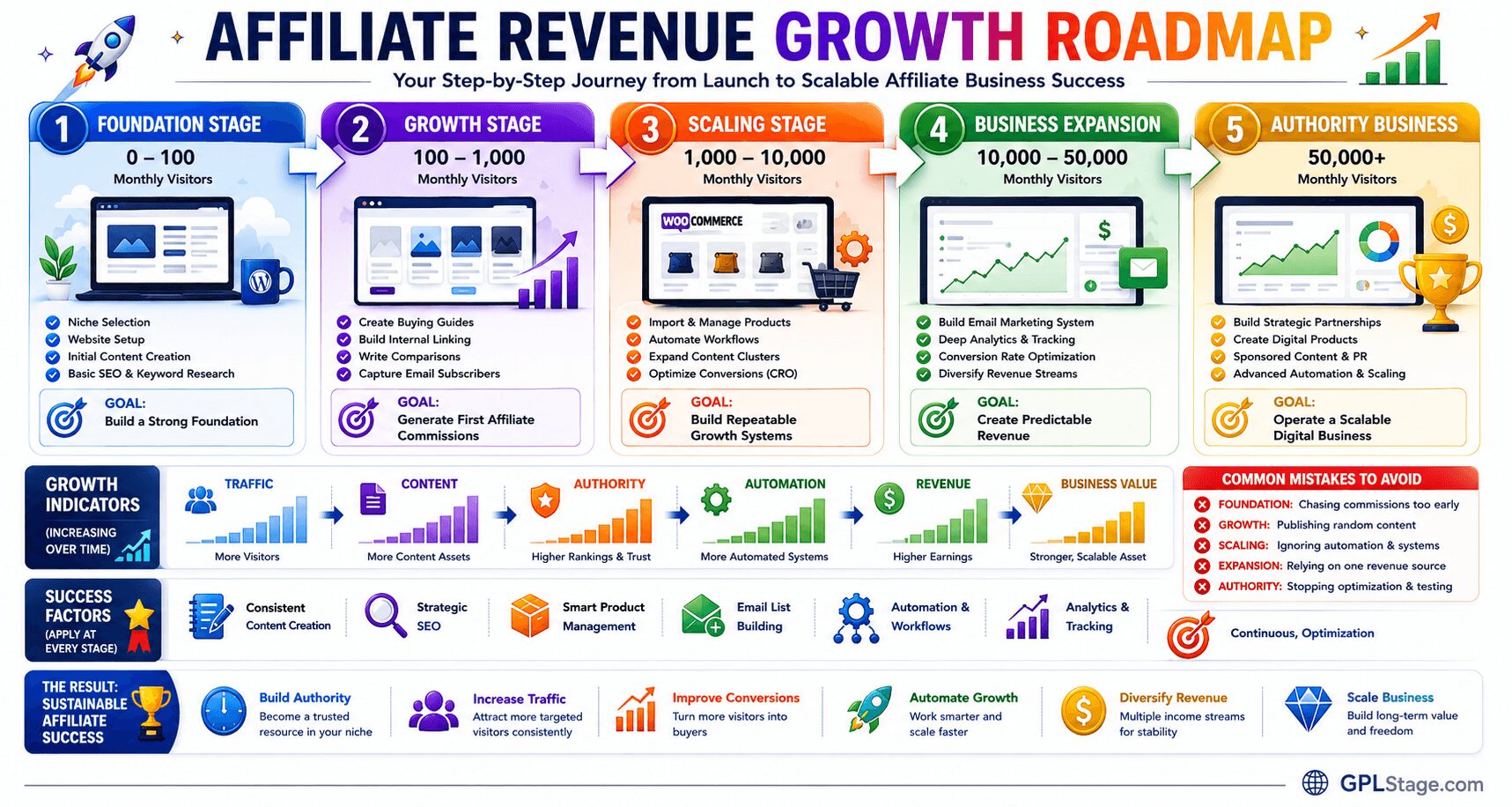 How to Build a Scalable Affiliate Website with WooCommerce (Business Blueprint) Affiliate revenue growth roadmap infographic showing the five stages of affiliate business growth, including foundation, growth, scaling, business expansion, authority building, traffic growth, automation adoption, and revenue diversification.