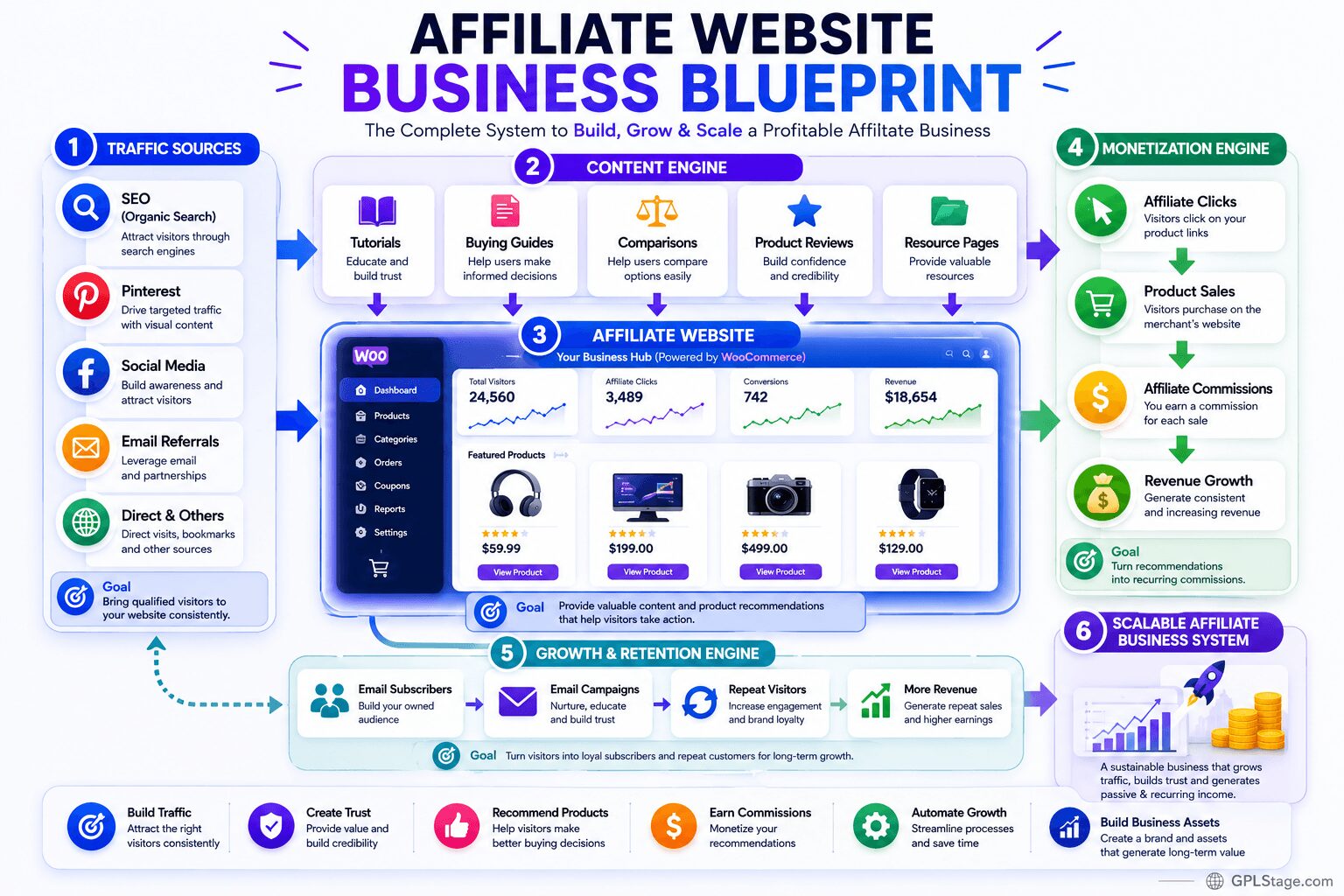 How to Build a Scalable Affiliate Website with WooCommerce (Business Blueprint) Affiliate website business blueprint infographic showing traffic sources, content marketing, WooCommerce affiliate website architecture, affiliate monetization, email marketing, and business growth systems.