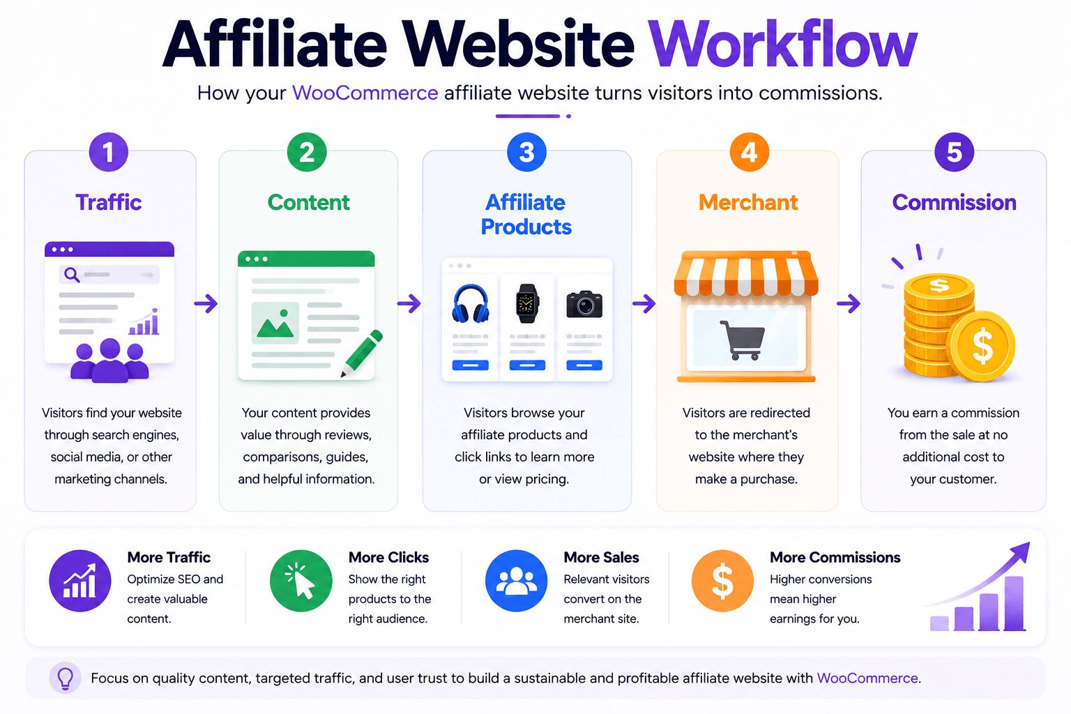 Educational workflow infographic showing how a WooCommerce affiliate website converts traffic into affiliate commissions using content affiliate products and merchant referrals.