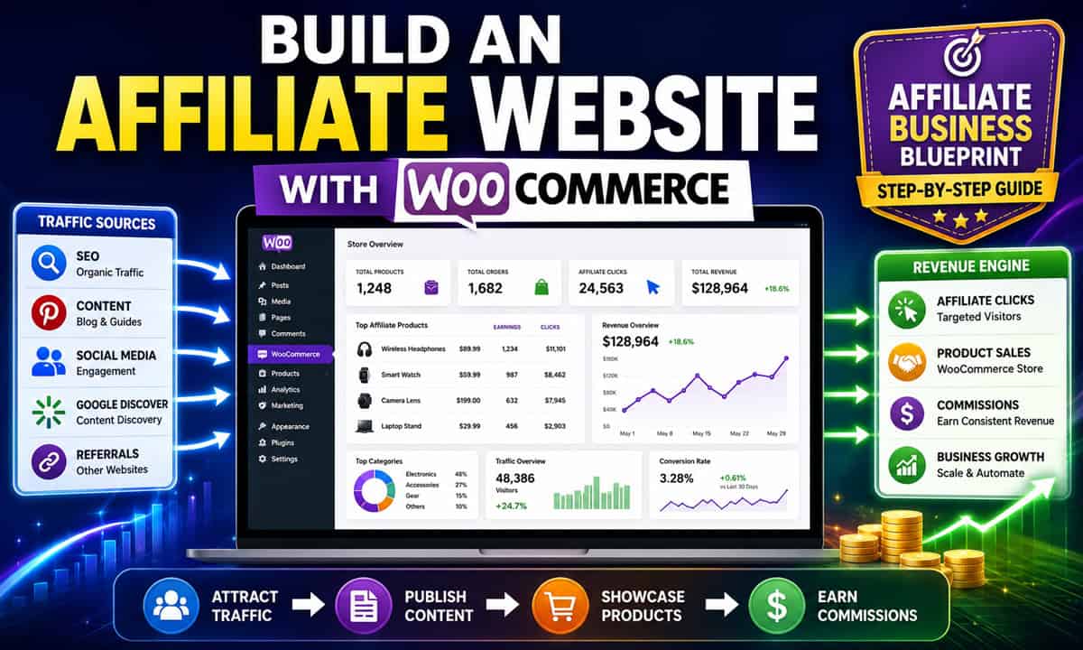 How to build an affiliate website with WooCommerce infographic showing traffic generation, content creation, WooCommerce product management, affiliate marketing workflows, and commission-based business growth.