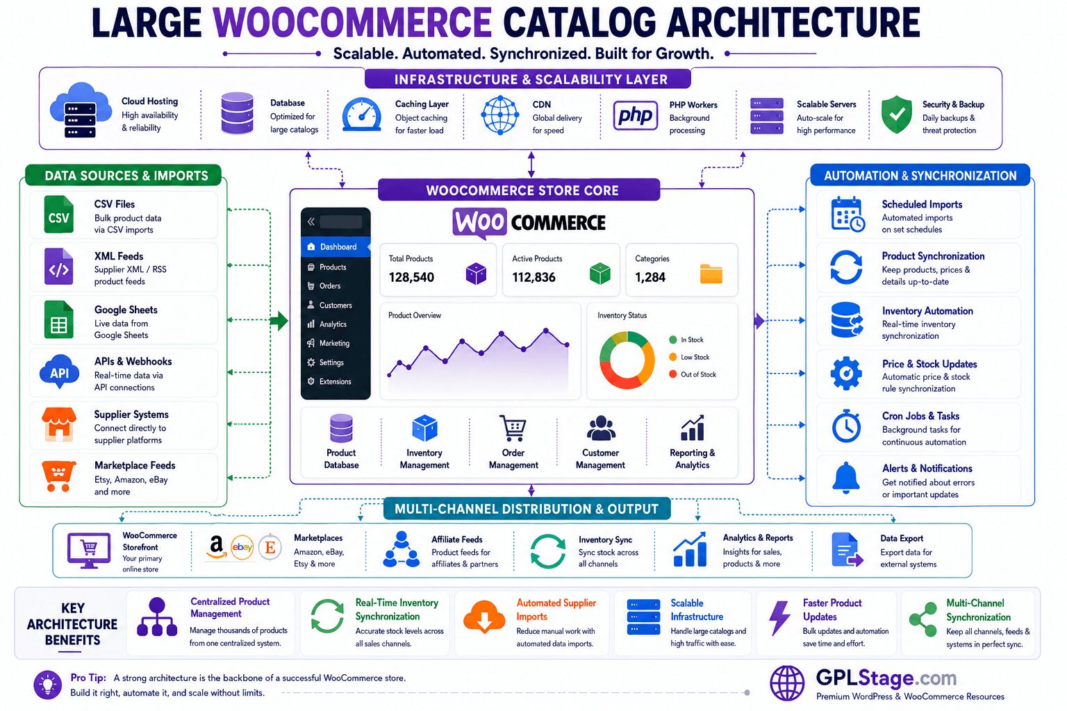 Large WooCommerce catalog architecture infographic showing supplier feeds, synchronization systems, automation workflows, scalable infrastructure, and multi-channel WooCommerce operations.