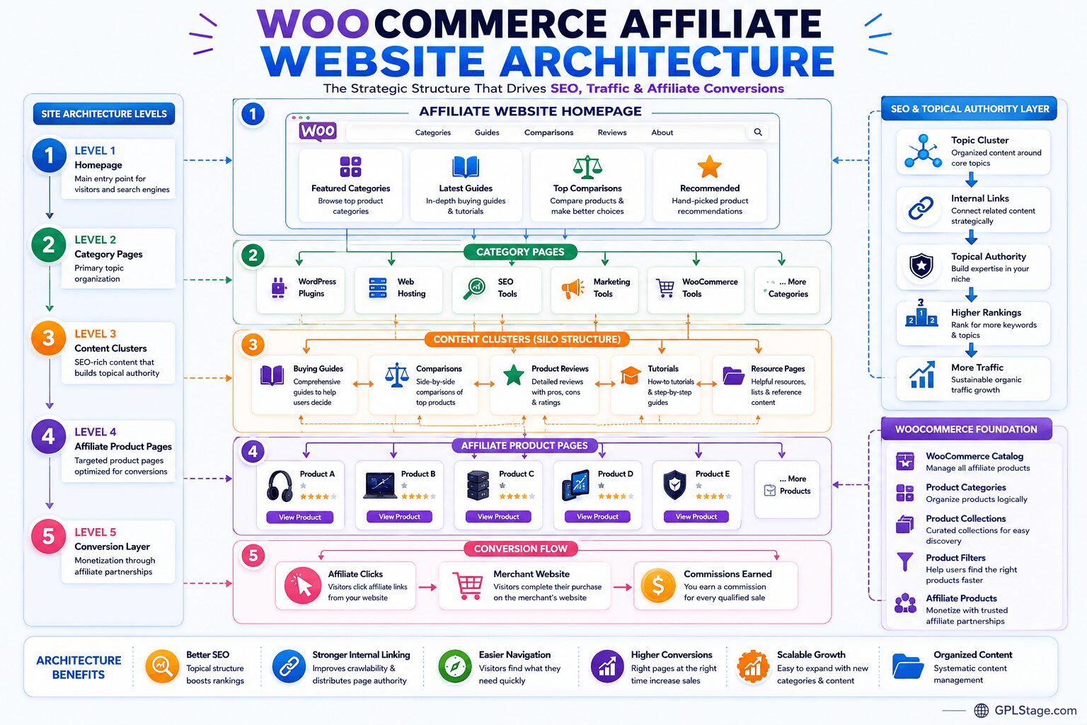 How to Build a Scalable Affiliate Website with WooCommerce (Business Blueprint) WooCommerce affiliate website architecture infographic showing homepage structure, category pages, content clusters, affiliate product pages, internal linking strategy, topical authority framework, and affiliate conversion workflow.